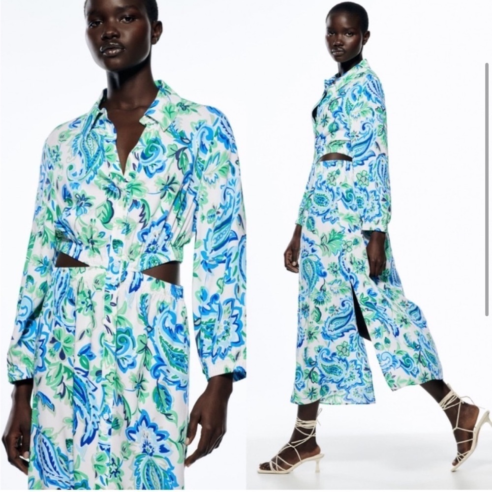 NWT Women’s ZARA Blue/Green paisley cutout midi button down dress- Size XS